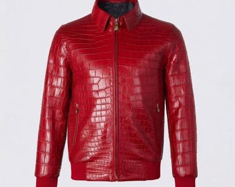 Men’s Red Luxury Genuine Crocodile Embossed Leather Bomber Jacket Gift for Him