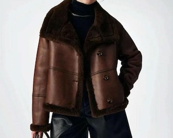 Shearling Aviator Jacket - Women’s Brown Sheepskin Bomber - Fur Lined Winter Coat Gift for Her