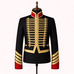 May include: Black military-style jacket with gold embellishments and red accents. The jacket features a high collar, gold braid detailing, and gold buttons. The sleeves have gold stripes near the cuffs. The jacket is displayed on a mannequin.