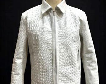 Mens White Crocodile Embossed Leather Jacket: Luxury Real Leather Gift for Him
