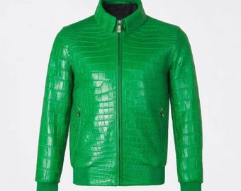 Men’s Green Luxury Genuine Crocodile Embossed Leather Bomber Jacket Gift for Him