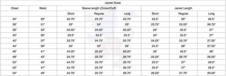 K&ouml;nnte beinhalten: Eine detaillierte Tabelle mit Jackengr&ouml;&szlig;en, einschlie&szlig;lich Brust-, Taillen-, &Auml;rmel- und Jackenl&auml;ngenma&szlig;en. Die Tabelle bietet Ma&szlig;e in Zoll f&uuml;r kurze, normale und lange Gr&ouml;&szlig;en, die f&uuml;r verschiedene K&ouml;rpertypen geeignet sind.