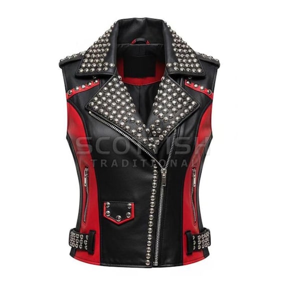 Handmade Red & Black Studded Leather Vest - Punk Biker Rock wear - Unisex Festival Gothic Vest