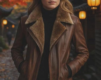 Women’s Vintage Brown Shearling Leather Coat – Genuine Sheepskin Winter Jacket