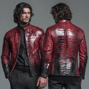 Blouson motard de luxe en cuir exotique à motif crocodile rouge pour homme - Cadeau pour lui