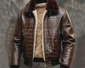 Luxury Men’s Brown Crocodile Embossed Leather Shearling Jacket - Gift for Him