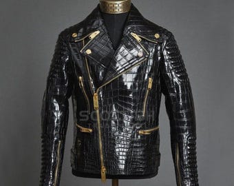 Jaqueta de couro preta de luxo com estampa de crocodilo para homem, ideal para presentear.