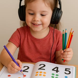 Può includere: Una bambina con cuffie nere e una maglietta rossa è concentrata su un quaderno. Il quaderno mostra numeri e punti colorati. La bambina tiene in mano una matita viola e un set di matite colorate.