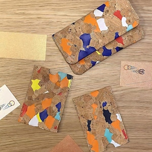Portafoglio vegano in sughero fatto a mano, portachiavi/porta carte/portamonete patchwork cucito a mano, piccolo portafoglio ecologico e colorato, regalo unico