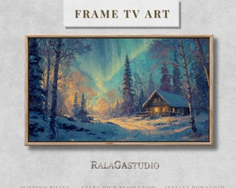 Pode incluir: Uma impressão de arte digital emoldurada com uma paisagem de inverno com um caminho coberto de neve que leva a uma cabana. A obra de arte exibe uma vibrante aurora boreal no céu, com o texto "FRAME TV ART" no topo. A moldura é de cor castanho claro.