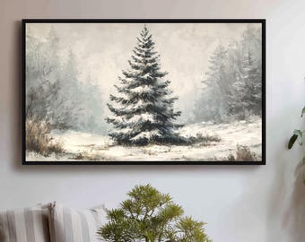 Könnte beinhalten: Gerahmtes Winterlandschaftsgemälde mit einem schneebedeckten Nadelbaum im Mittelpunkt. Das Kunstwerk in Weiß-, Grau- und Grüntönen zeigt eine verschneite Waldszene, die ein Gefühl von Ruhe und die Schönheit der Natur hervorruft.