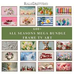 May include: A collection of framed art prints featuring various themes, including beach scenes, floral arrangements, and seasonal imagery. The text "600+ ALL SEASONS MEGA BUNDLE FRAME TV ART" is displayed prominently. The art pieces are in rectangular frames.