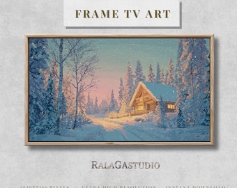 Cozy Winter Cabin in Snowy Forest, Warm Christmas Landscape Painting, Peaceful Rustic Lodge Scene, Frame TV Digital Artwork