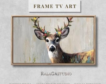 Arte navideño para Samsung Frame TV, arte de ciervos, arte invernal, arte para marco de TV, arte para Samsung Frame, descarga digital, arte al óleo de renos