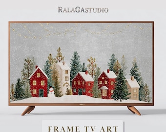 FRAME TV art weiße Weihnacht Häuser, Samsung Rahmen TV Kunst Winter Urlaub Vintage Stil Gemälde