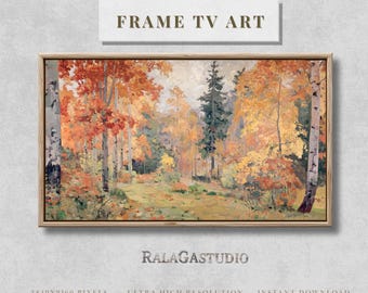 May include: A framed landscape painting of an autumn forest scene. The artwork features trees with orange and yellow leaves, a green grassy area, and a light-colored sky. The frame is a light brown color. The text "FRAME TV ART" is at the top.