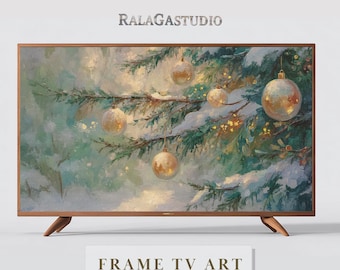 Samsung Frame TV Art Winter Holiday Christmas Tree with ornament and snow | Digital TV Art | Instant Download