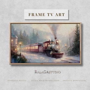 May include: A framed print of a vintage train scene. The artwork depicts a steam train with red passenger cars traveling through a snowy landscape. The text "FRAME TV ART" is at the top, and "RALAGASTUDIO" is at the bottom.