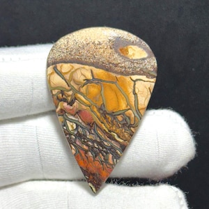 May include: A teardrop-shaped gemstone with a distinctive pattern. The top section is light tan with a darker brown band. The middle part is a mix of orange, yellow, and green, with intricate vein-like patterns. The bottom is a mix of red and brown.