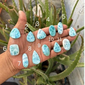 May include: Eleven polished larimar gemstones in various shapes including teardrop, oval, and rectangular forms. Each stone displays a distinct light blue and white marbled pattern. The stones are numbered one through eleven in white text.