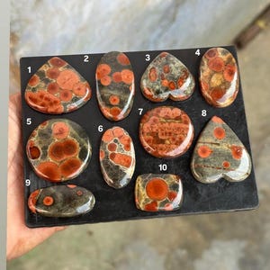May include: A collection of ten polished orbicular jasper cabochons arranged on a black display board, numbered 1 through 10. Each stone features a dark grey base with distinct, circular reddish-orange inclusions of varying sizes and shapes.