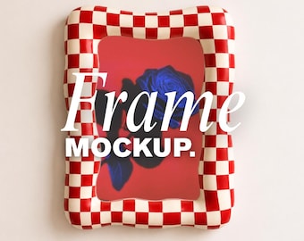 Red Checkered Frame Mockup Canva, Editable Poster Mockup, Red Checkerboard Wall Art Mockup, Funky Frame, AI Frame Design