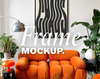 Frame Mockup Canva, Poster Mockup, Wall Art Mockup, Mid Century Modern Mockup, Orange Sofa Mockup, Bauhaus Interior, Editable Canva JPG