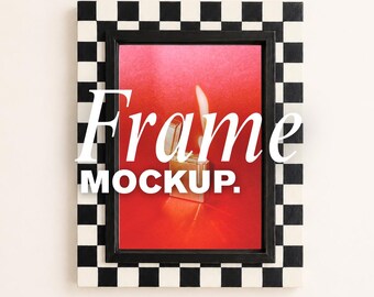 Black Checkered Frame Mockup Canva, Editable Poster Mockup, Checkerboard Wall Art Mockup, Vintage Frame, AI Frame Design