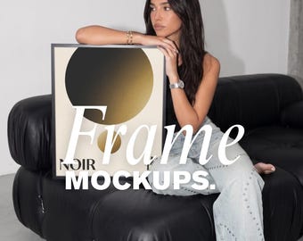 Woman Holding Frame Bundle Mockup Canva | Editorial Poster Mockup | Wall Art Mockup | Art Print Mockup | Black Sofa Mockup | 5 JPG 4:5