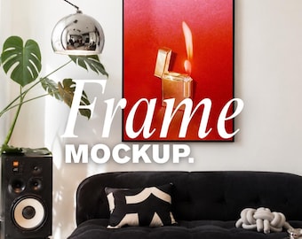 Frame Mockup Canva, Poster Mockup, Living Room Mockup, Wall Art Mockup, Music Studio Mockup, Black Sofa Mockup, Editable Canva JPG