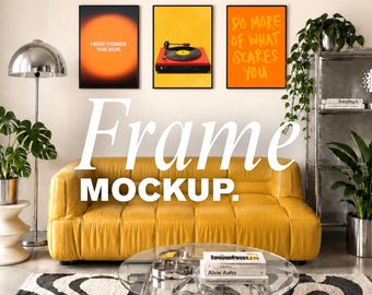 Triple Frame Mockup for Canva Yellow Sofa Mockup Contemporary Gallery Wall Fine Art Poster Mockup Modern Living Room Decor