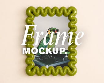 Olive Green Squiggle Frame Mockup Canva, Editable Poster Mockup, Rope Frame Mockup, Designer Wall Art Mockup, AI Frame Design