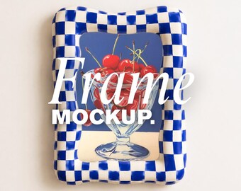 Blue Checkered Frame Mockup Canva, Editable Poster Mockup, Blue Checkerboard Wall Art Mockup, Funky Frame, AI Frame Design