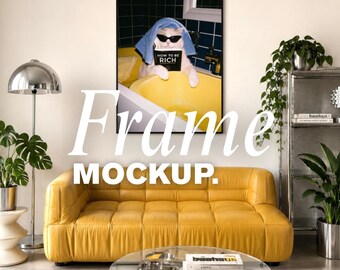 Frame Mockup Canva, Poster Mockup, Wall Art Mockup, Yellow Sofa Mockup, Modern Living Room Mockup, Editable Canva JPG
