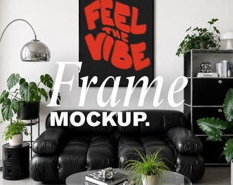 Frame Mockup Canva, Poster Mockup, Wall Art Mockup, Black Leather Sofa Mockup, Modern Living Room Mockup, Editable Canva JPG