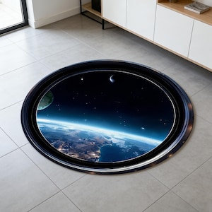 3D Spaceship Porthole Round Rug Earth View Galaxy Floor Mat Non-Slip Gaming Room Decor