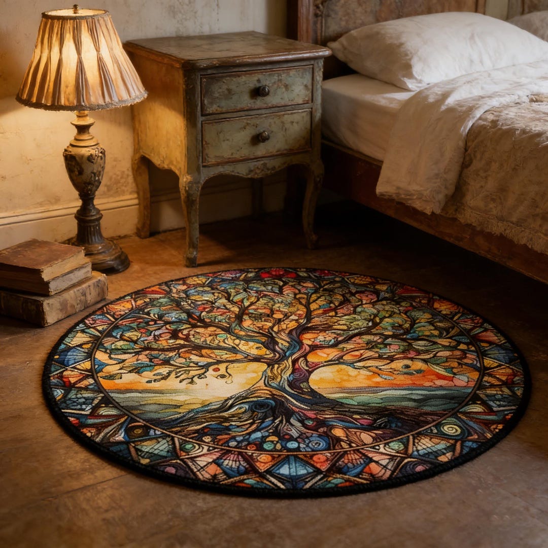 Stained Glass Rug Design Stained Glass Tree of Life Round Rug Bohemian Colorful Non-slip Floor ...