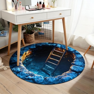 3D Cave Ladder Round Rug Optical Illusion Floor Mat for Entryway Decor Living Room Decor Mat