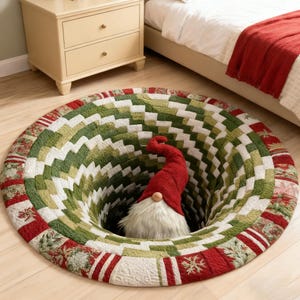 May include: A whimsical, round Christmas rug with a 3D illusion of a hole. The rug features a green, white, and red patchwork design, with a red gnome peeking out of the center. The rug is on a wooden floor.