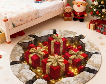 May include: Round Christmas-themed rug featuring a design of red gift boxes with gold bows and red ornaments. The rug has a cracked earth effect with glowing lights, creating a festive holiday scene. The rug is placed on a light-colored floor.