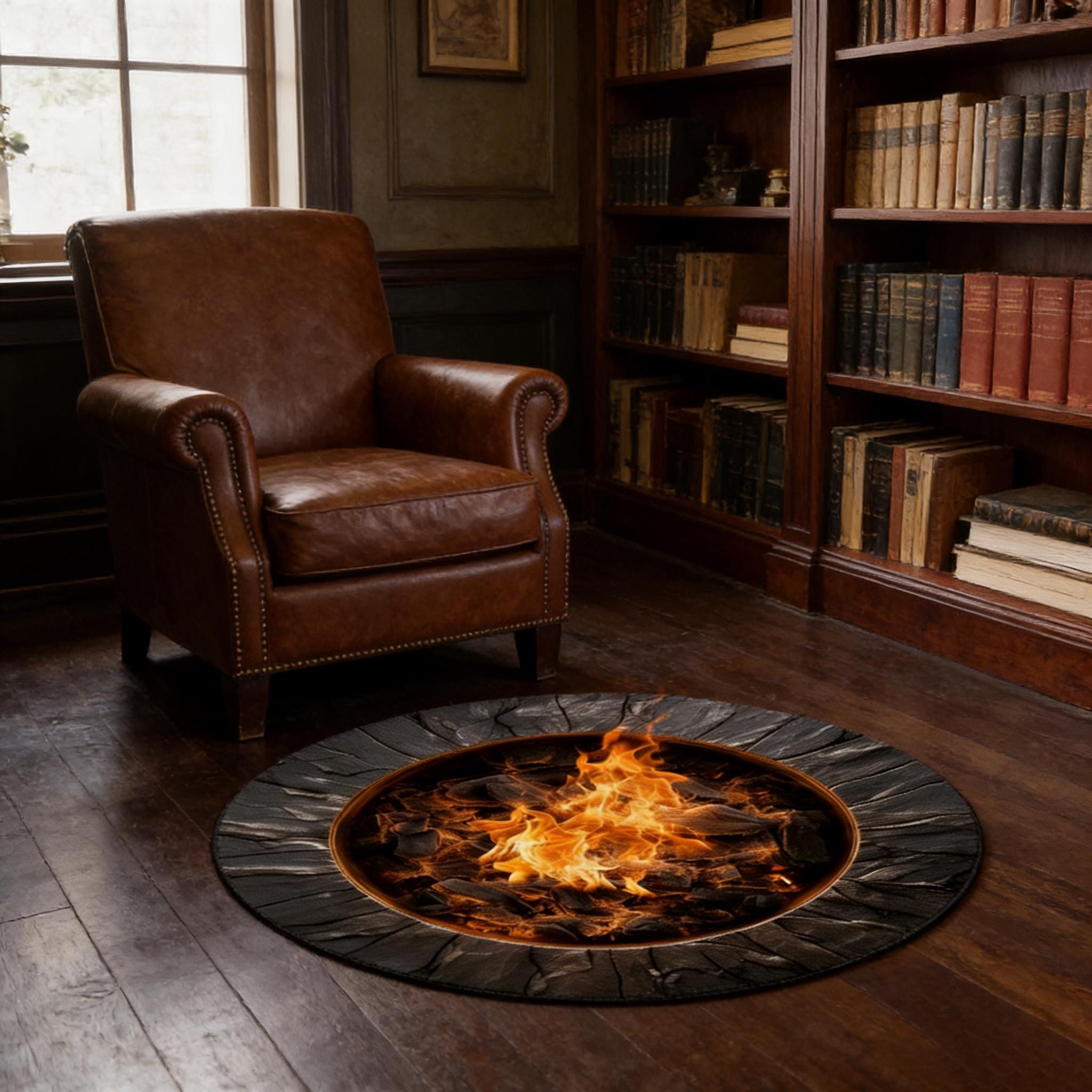 3D Fire Pit Round Rug Realistic Campfire Illusion Floor Mat Rustic Home ...