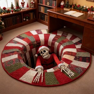 May include: A round Christmas-themed rug with a hole in the center, featuring a skeleton wearing a Santa hat and red suit. The rug has a patchwork design in red, green, and white. The skeleton's arms and hands are visible, giving a spooky holiday vibe.