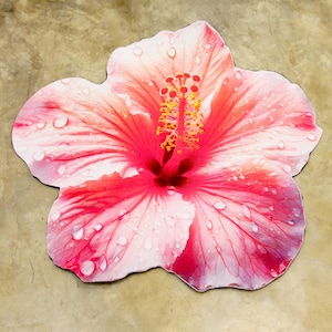May include: A large, flower-shaped rug with a hibiscus design. The rug displays pink and white petals with a yellow and red centre. Water droplets are scattered across the surface, adding a realistic touch. The rug is likely made of fabric.
