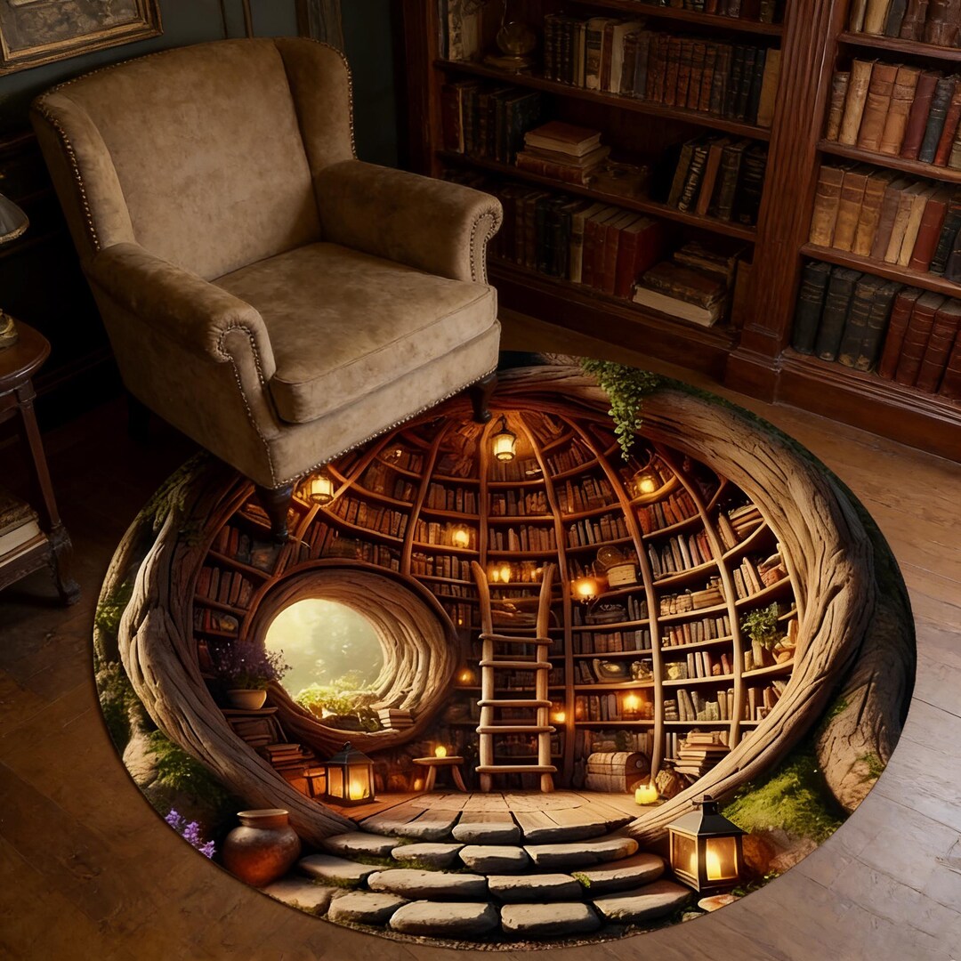 3D Fantasy Tree Library Round Rug Magical Book Nook Floor Mat Whimsical ...