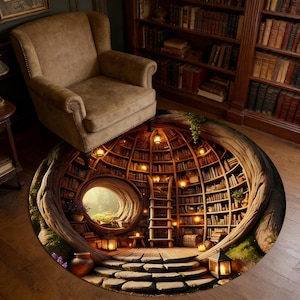 May include: A circular rug depicting a fantasy library scene. The rug shows a round room with bookshelves, a ladder, and soft lighting. A brown armchair is positioned above the rug, with wooden flooring and bookshelves in the background.