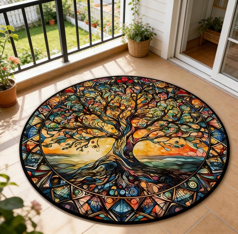 Stained Glass Rug Design Stained Glass Tree of Life Round Rug Bohemian Colorful Non-slip Floor ...