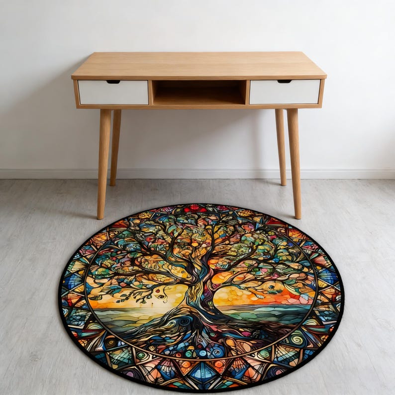 Stained Glass Rug Design Stained Glass Tree of Life Round Rug Bohemian Colorful Non-slip Floor ...