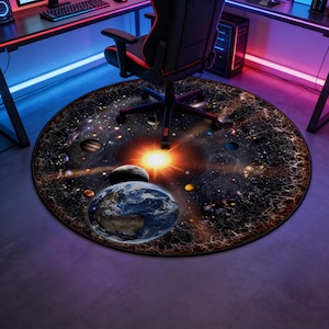 May include: A circular rug displaying a detailed illustration of the solar system, with planets, stars, and a bright sun. The rug is mainly black with colourful accents and is on a grey floor. A black office chair is positioned on the rug.