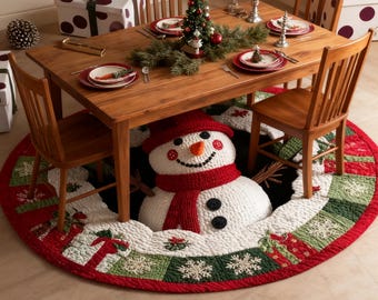 May include: A Christmas dining table setting with a wooden table, chairs, and festive decorations. A snowman tree skirt in red, white, and green surrounds the table. The table is set with red plates and a small Christmas tree centerpiece.