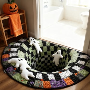 Könnte beinhalten: Ein Halloween-Teppich mit einem schwarz-grünen Schachbrettmuster, das eine 3D-Illusion eines Lochs erzeugt. Drei weiße geisterförmige Kissen sind auf dem Teppich platziert. Ein orangefarbener Kürbis und ein Handtuch befinden sich auf einem Holzregal.